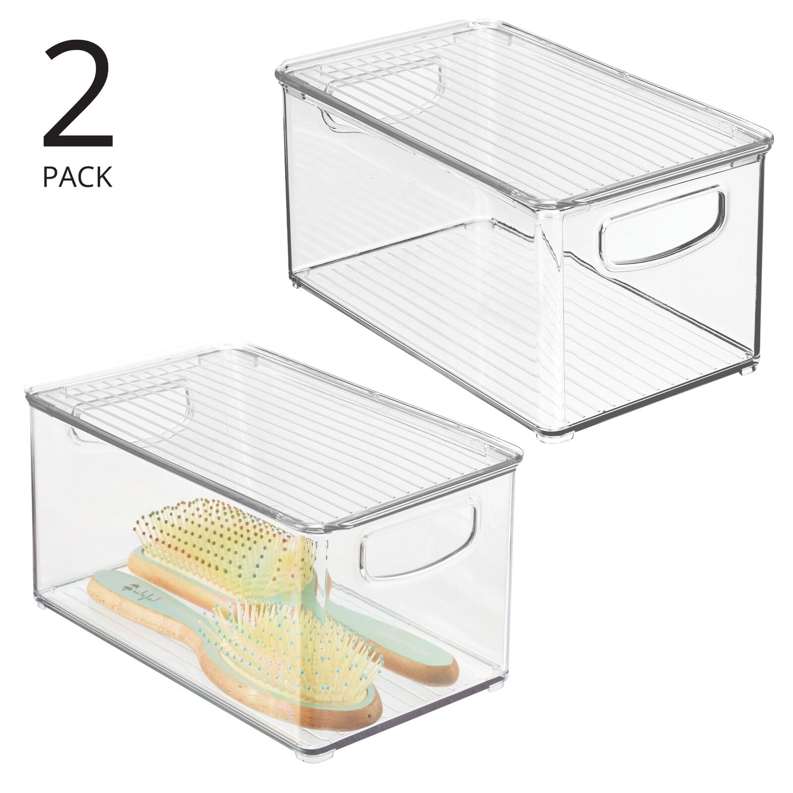 mDesign Deep Plastic Bathroom Storage Bin Box, Lid/Built-in Handles, Organization for Makeup, Hair Styling Tools, Toiletry Accessories in Cabinet, Shelves, Ligne Collection, 2 Pack, Clear