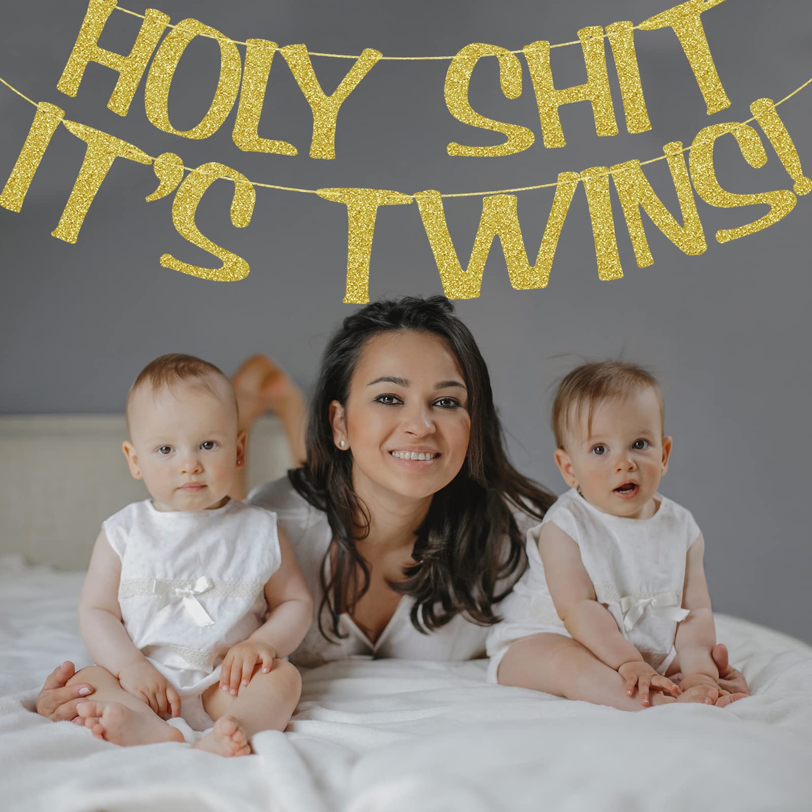 Holy Shit It's Twins Glitter Banner Baby Shower Gender Reveal Party Decorations Pregnancy Announcement Funny Sign Birthday Supplies (Gold)