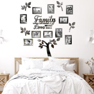 Family Tree Wall Decal Acrylic 3D DIY Mirror Sticker Photo Frames Removable Wall Art Decals Home Decorations for Living Room Bedroom Kitchen Dining Office, 47 x 47 Inch(Black)