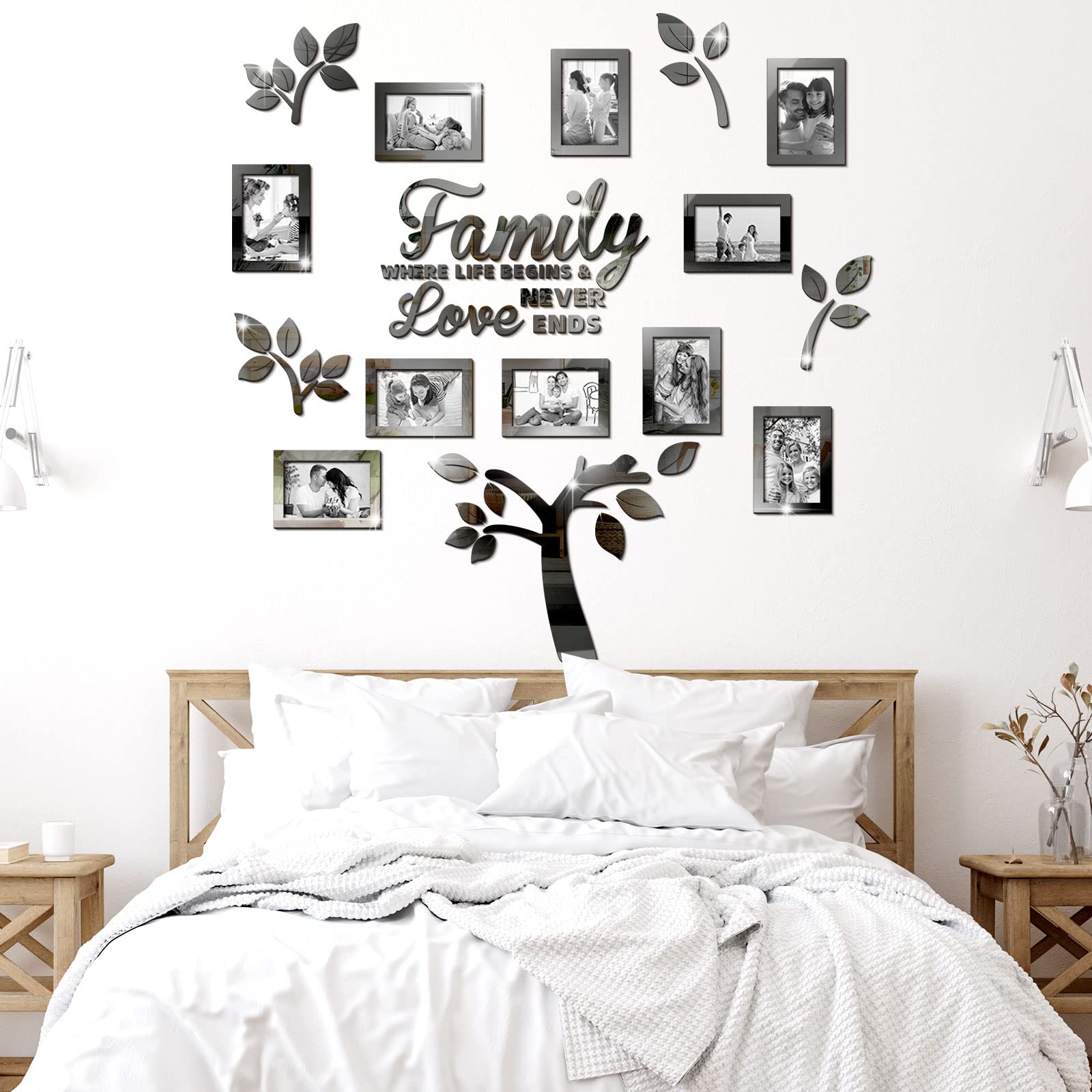 Family Tree Wall Decal Acrylic 3D DIY Mirror Sticker Photo Frames Removable Wall Art Decals Home Decorations for Living Room Bedroom Kitchen Dining Office, 47 x 47 Inch(Black)