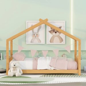 Bellemave Floor House Beds Wood Montessori Bed Frame Twin Size Platform Bed with Headboard & Footboard for Kids Boys Girls Teens, Natural