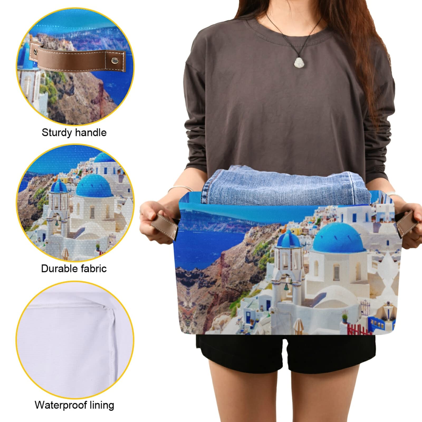 Oyihfvs Oia Town on Santorini Island Greece Famous Houses and Churches 1 PC Rectangle Storage Basket Collapsible Fabric with Leather Handles Bag Organizer Clothes for Home Bedroom 15 x 11 x 9.5 in