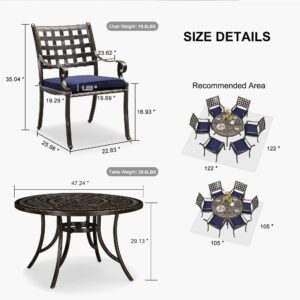 PURPLE LEAF Outdoor Dining Set Cast Aluminum 7-Piece Patio Furniture Set with 6 Dining Armchairs and 47" Round Table, 6 Cushions Included, for Lawn Yard Garden, Lattice Navy Blue Patio Dining Set