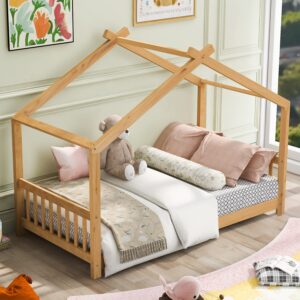 twin house platform bed with headboard and footboard, tent bed, wooden floor bed for toddlers,teens, girls, boys, can be decorated (natural)