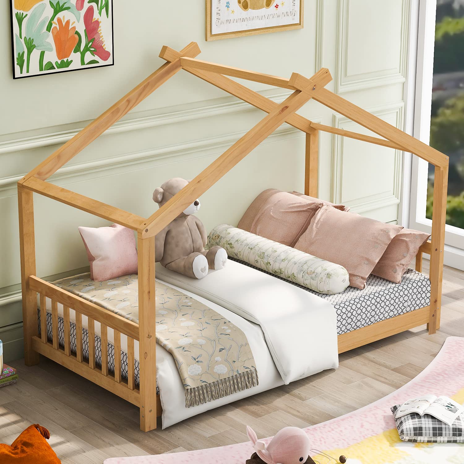 Twin House Platform Bed with Headboard and Footboard, Tent Bed, Wooden Floor Bed for Toddlers,Teens, Girls, Boys, Can Be Decorated (Natural)