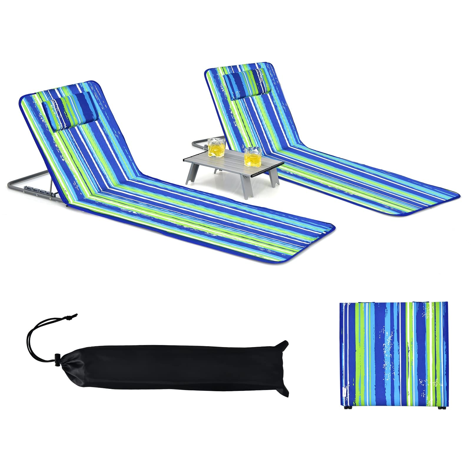 GYMAX Beach Chairs, Folding Tanning Lounge Chairs with Table Set, Adjustable Patio Floor Chair, Outdoor Sunbath Chair with Desk, Pillow & Storage Bag for Outside, Patio, Poolside (Blue Stripe)