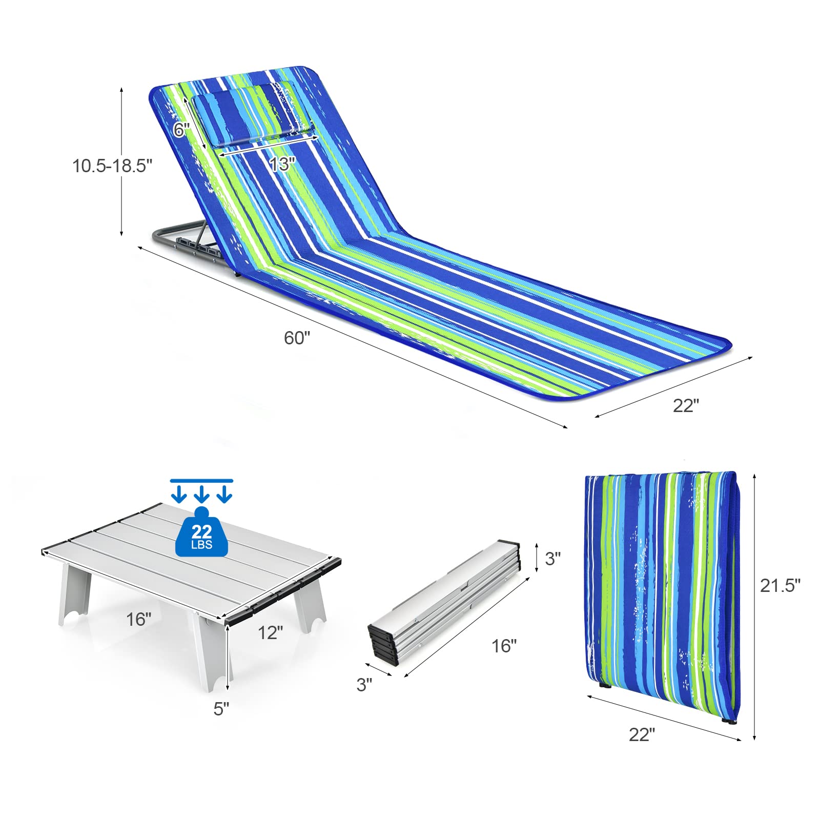 GYMAX Beach Chairs, Folding Tanning Lounge Chairs with Table Set, Adjustable Patio Floor Chair, Outdoor Sunbath Chair with Desk, Pillow & Storage Bag for Outside, Patio, Poolside (Blue Stripe)