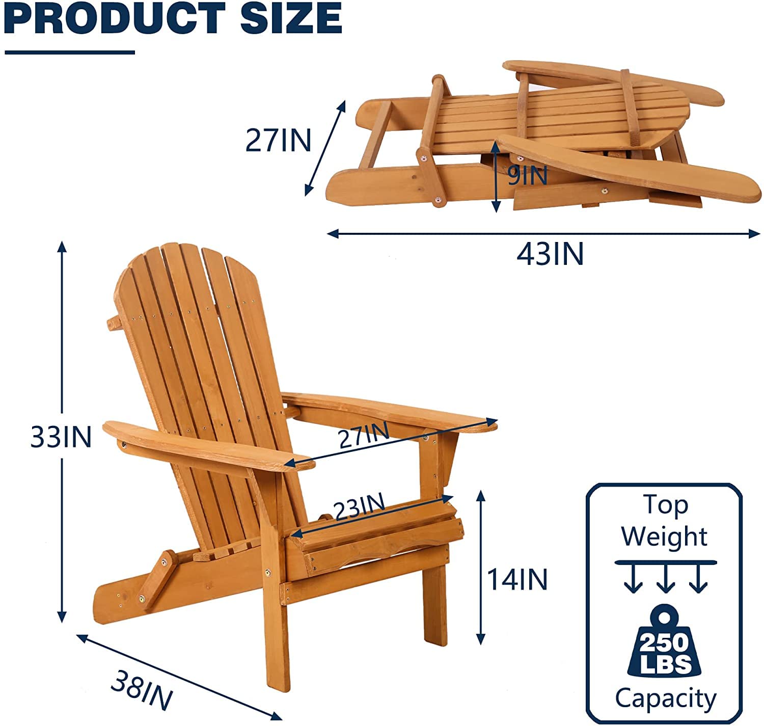 PIKAQTOP Folding Adirondack Chair Set of 2, Wooden Accent Furniture with Arms, Solid Wooden Weather Resistant Patio Chairs Lounger Chair Lawn Chair for Deck, Backyard, Garden, Patio