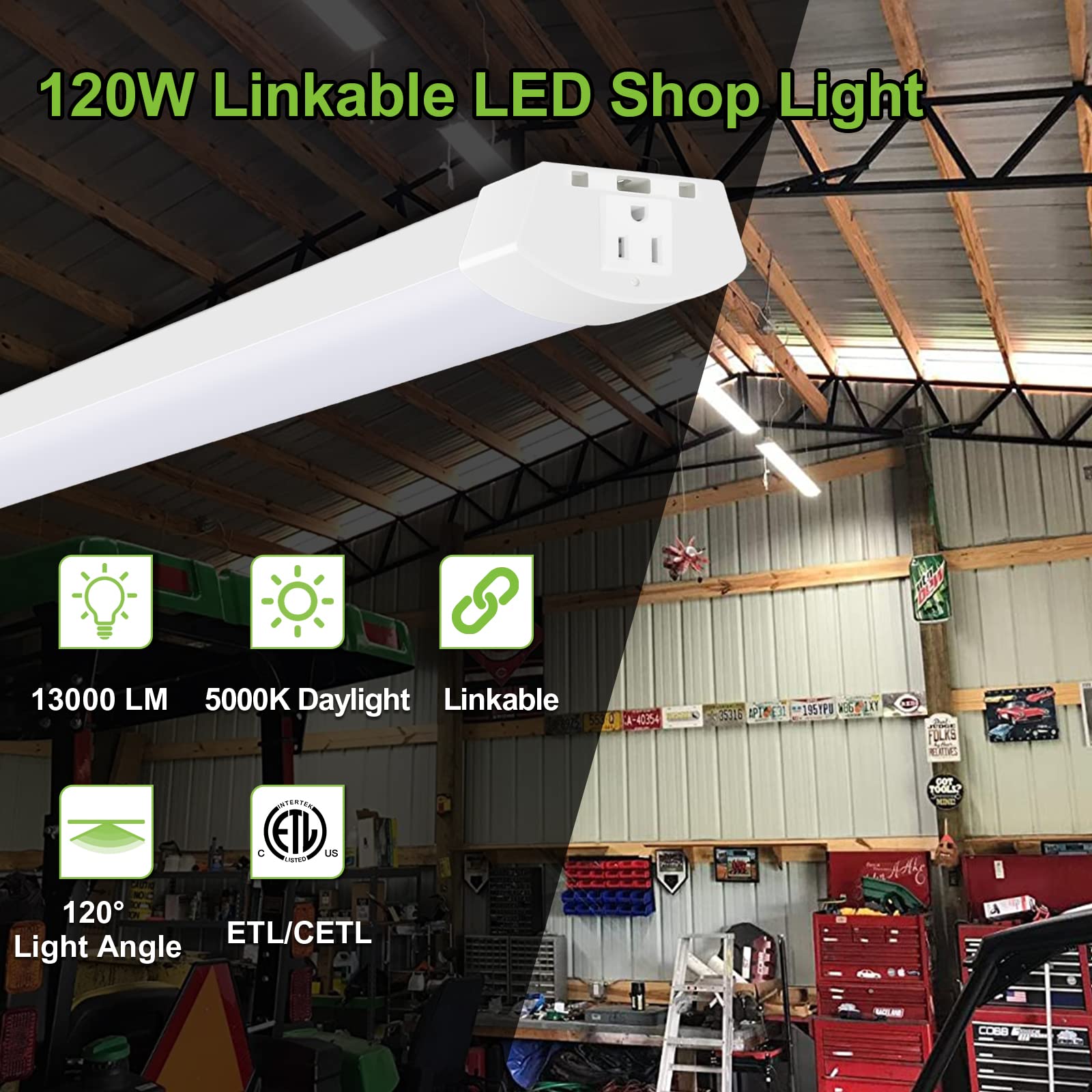 hykolity 4FT 120W LED Shop Light Linkable, 13000lm(400w Equivalent), 5000K Utility Shop Lights for Garages, Workshops, Basements, Hanging or FlushMount, with Power Cord and Pull Chain, ETL, 2 Pack