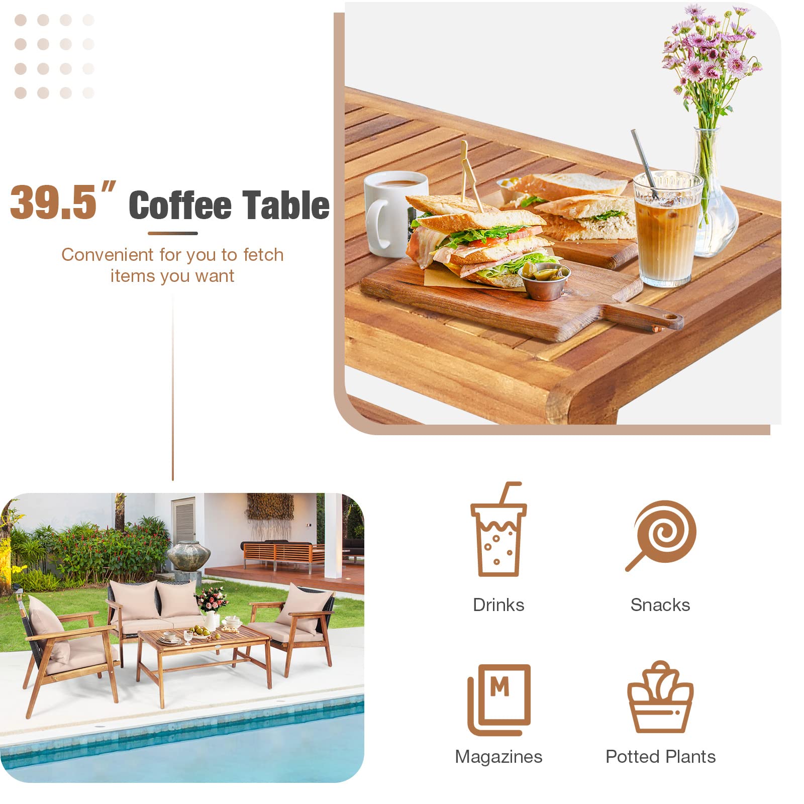 DORTALA 4 Piece Wicker Patio Furniture Set, Outdoor Acacia Wood & Rattan Coversation Sets with Chairs, Loveseat, Coffee Table for Backyard Porch Garden Poolside Balcony, Brown