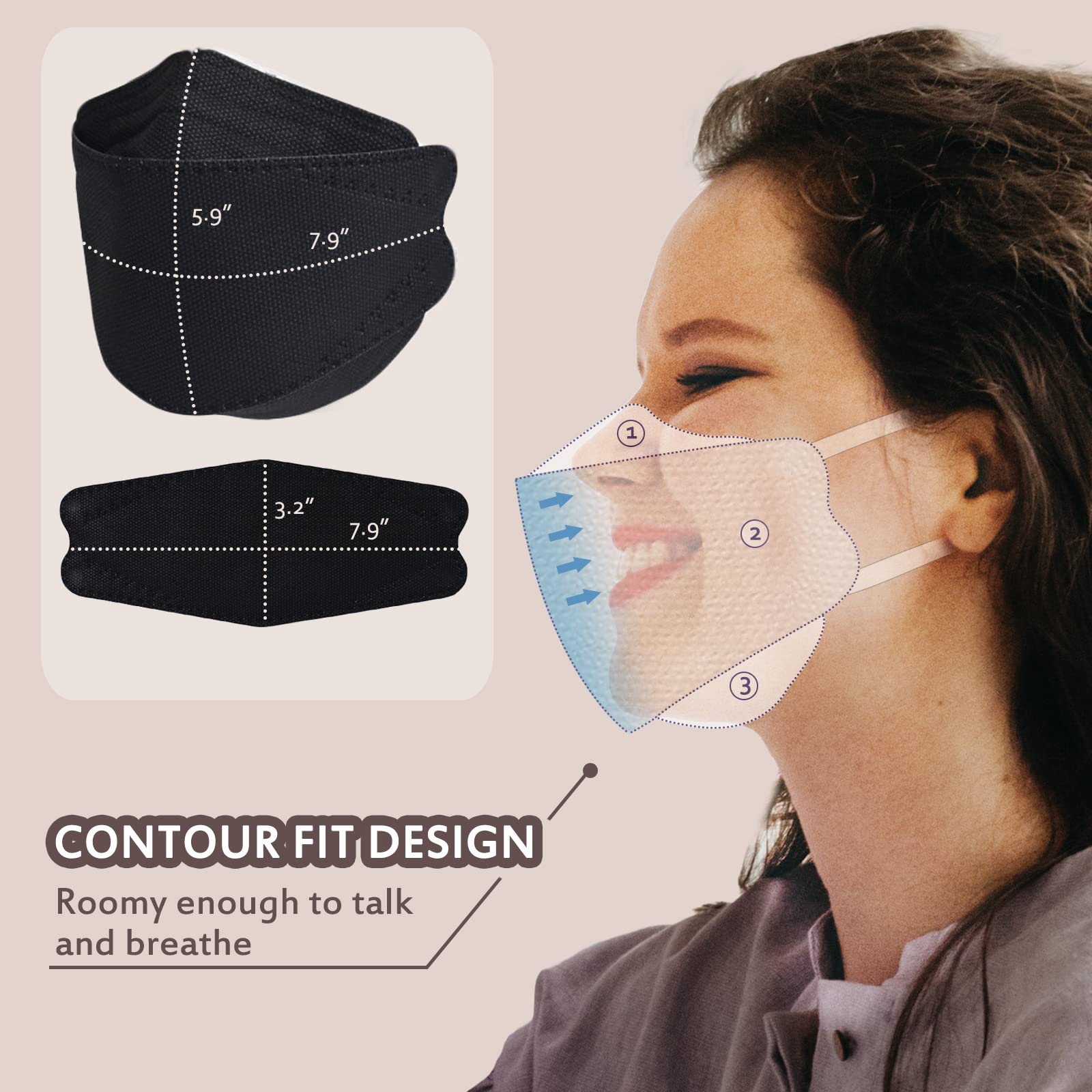 Borje KN95 Face Masks, 100 Pcs Disposable Face Masks, Black Mask Against PM2.5 from Fire Smoke & Dust Filter Efficiency 95%