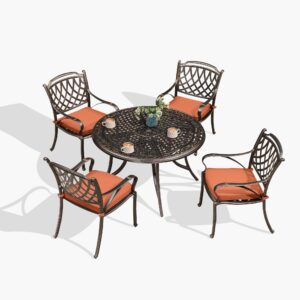 PURPLE LEAF Patio Dining Set Cast Aluminum 5-Piece Patio Furniture Set with 4 Dining Armchairs and 47" Round Table, 4 Cushions Included, for Lawn Yard Garden, Rhombic Brick Red Outdoor Dining Set