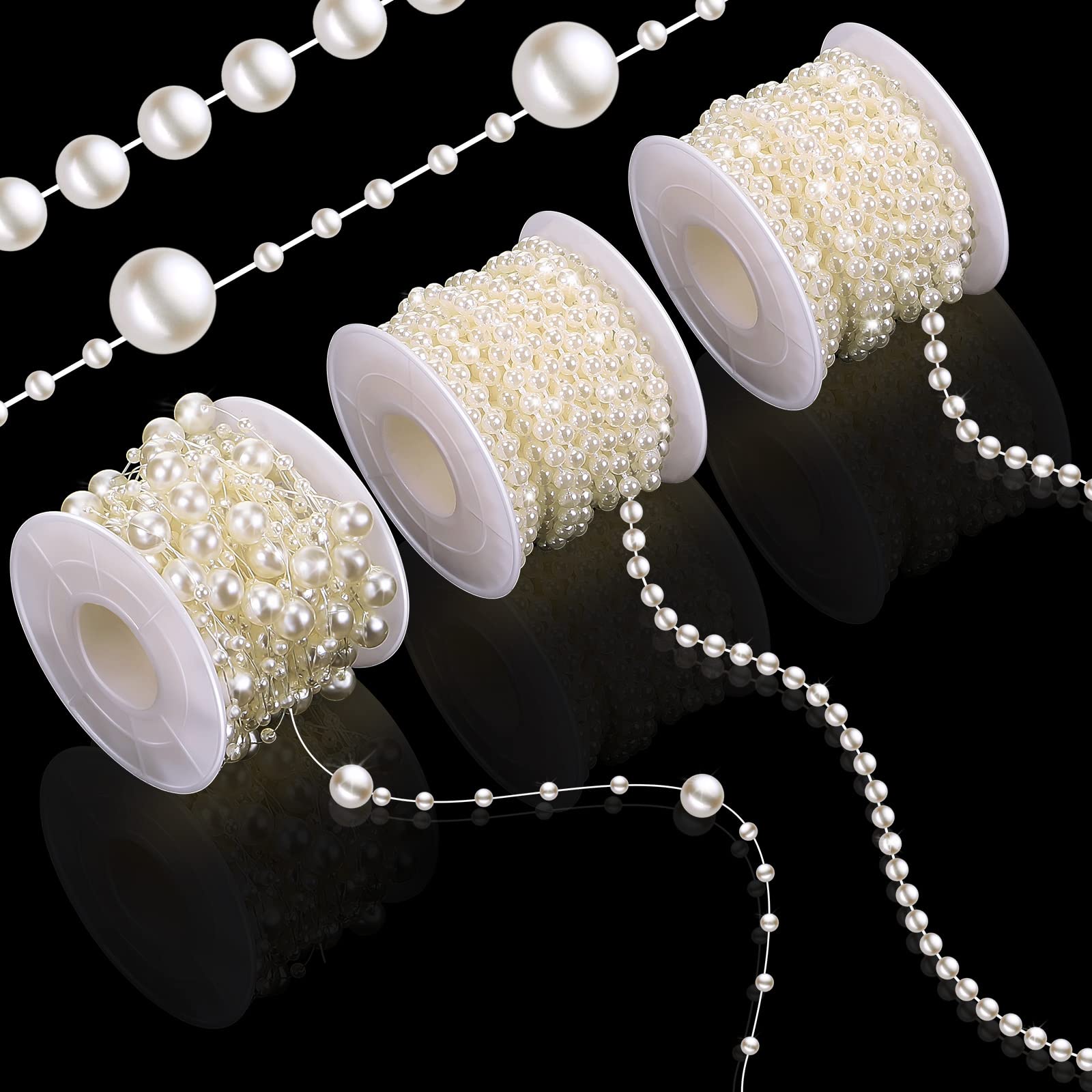 Bonuci 3 Rolls 66 Feet Pearls String Beads Decoration Pearl Garland for Christmas Tree Faux Pearl Garland Roll Strand for Crafting String of Flowers Wedding(Ivory,4mm)