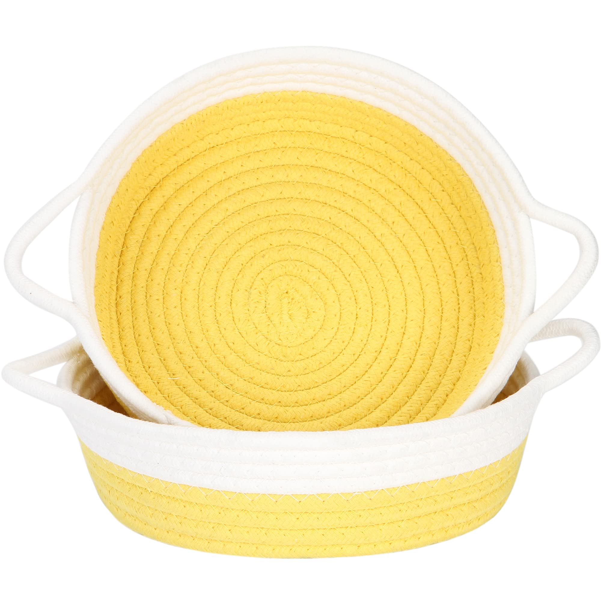 Sea Team 2-Pack Cotton Rope Baskets, 10 x 3 Inches Small Woven Storage Basket, Fabric Tray, Bowl, Round Open Dish for Fruits, Jewelry, Keys, Sewing Kits (Yellow & White)