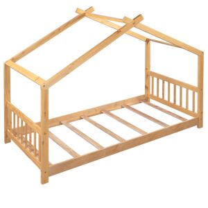 Harper & Bright Designs House Bed for Kids, Wood House Twin Platform Bed with Headboard and Footboard, Toddler House Twin Bed Frame Montessori Crib. No Box Spring Needed (Twin, Natural)