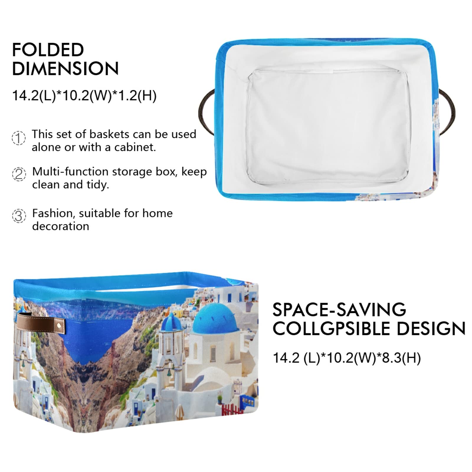 Oyihfvs Oia Town on Santorini Island Greece Famous Houses and Churches 1 PC Rectangle Storage Basket Collapsible Fabric with Leather Handles Bag Organizer Clothes for Home Bedroom 15 x 11 x 9.5 in