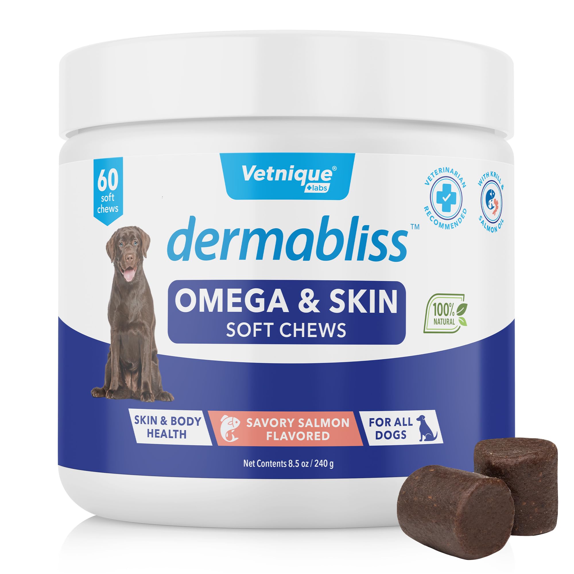 Vetnique Dermabliss Omega & Skin Health Fish Oil for Dogs Soft Chews Healthy Skin & Coat for Dogs with Biotin & DHA - Hickory Salmon Dog Treats (60ct Chews)