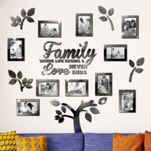 family tree wall decal acrylic 3d diy mirror sticker photo frames removable wall art decals home decorations for living room bedroom kitchen dining office, 47 x 47 inch(black)