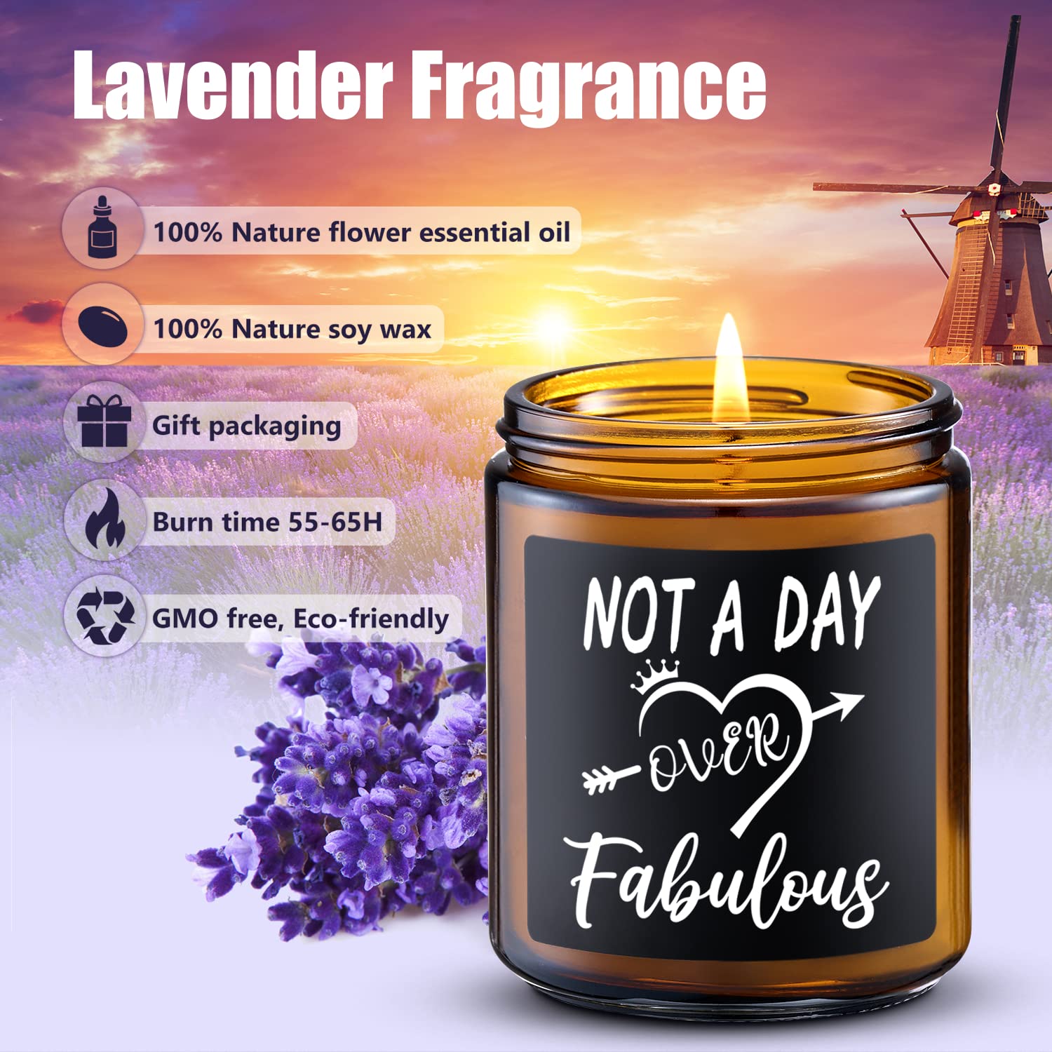 waogift Not A Day Over Fabulous Lavender Scented Candles - Funny Birthday Gift Ideas for Women Her,Friends, Coworkers, Her, Wife, Mom, Daughter, Sister, Aunt - Soy Funny Candle for Home Scented White