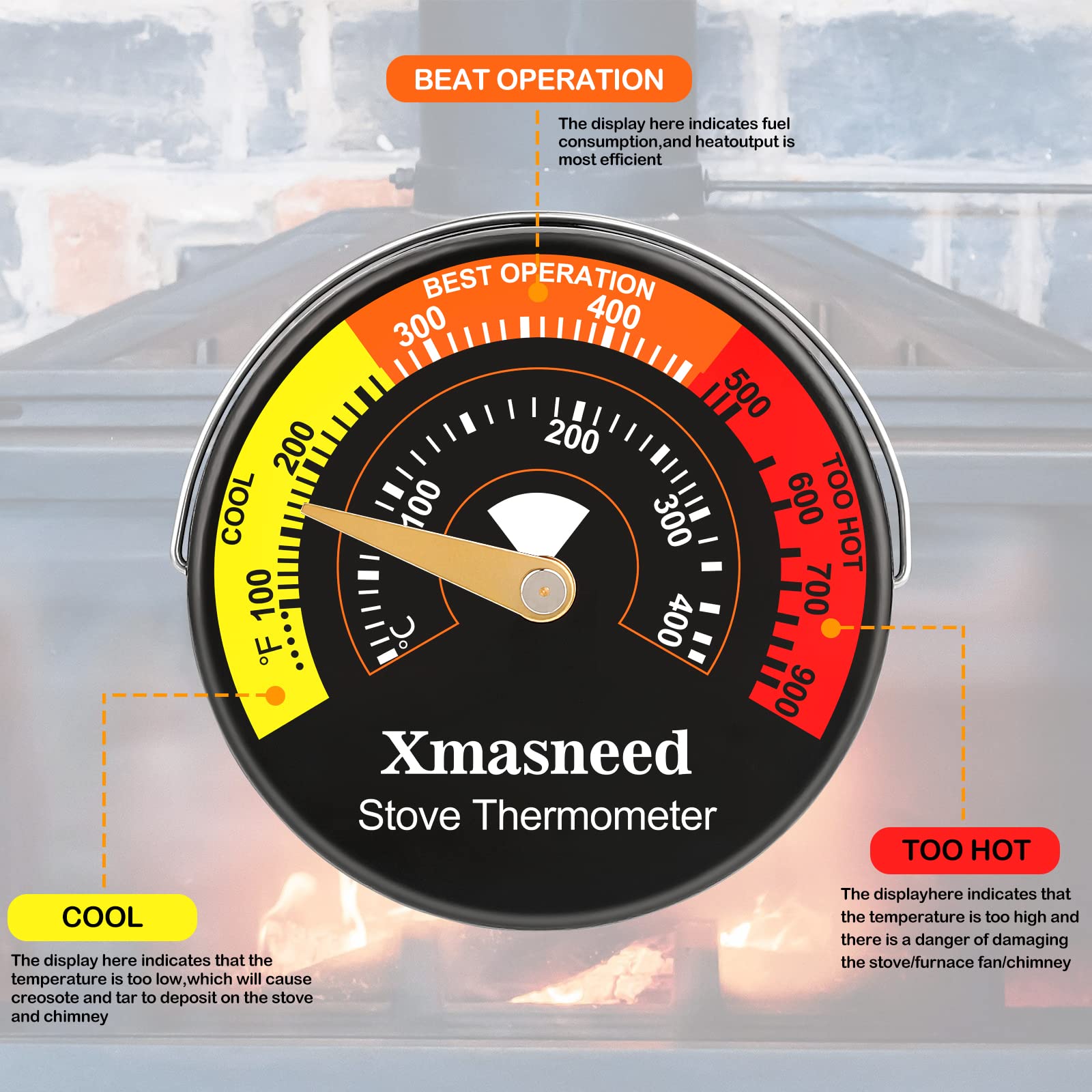 Wood Stove Thermometer Magnetic, Oven Stove Temperature Stove Top Thermometer for Wood Burning Stoves, Gas Stoves, Pellet Stove, Avoiding Stove Fan Damaged by Overheat