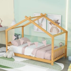 bellemave floor house beds wood montessori bed frame twin size platform bed with headboard & footboard for kids boys girls teens, natural