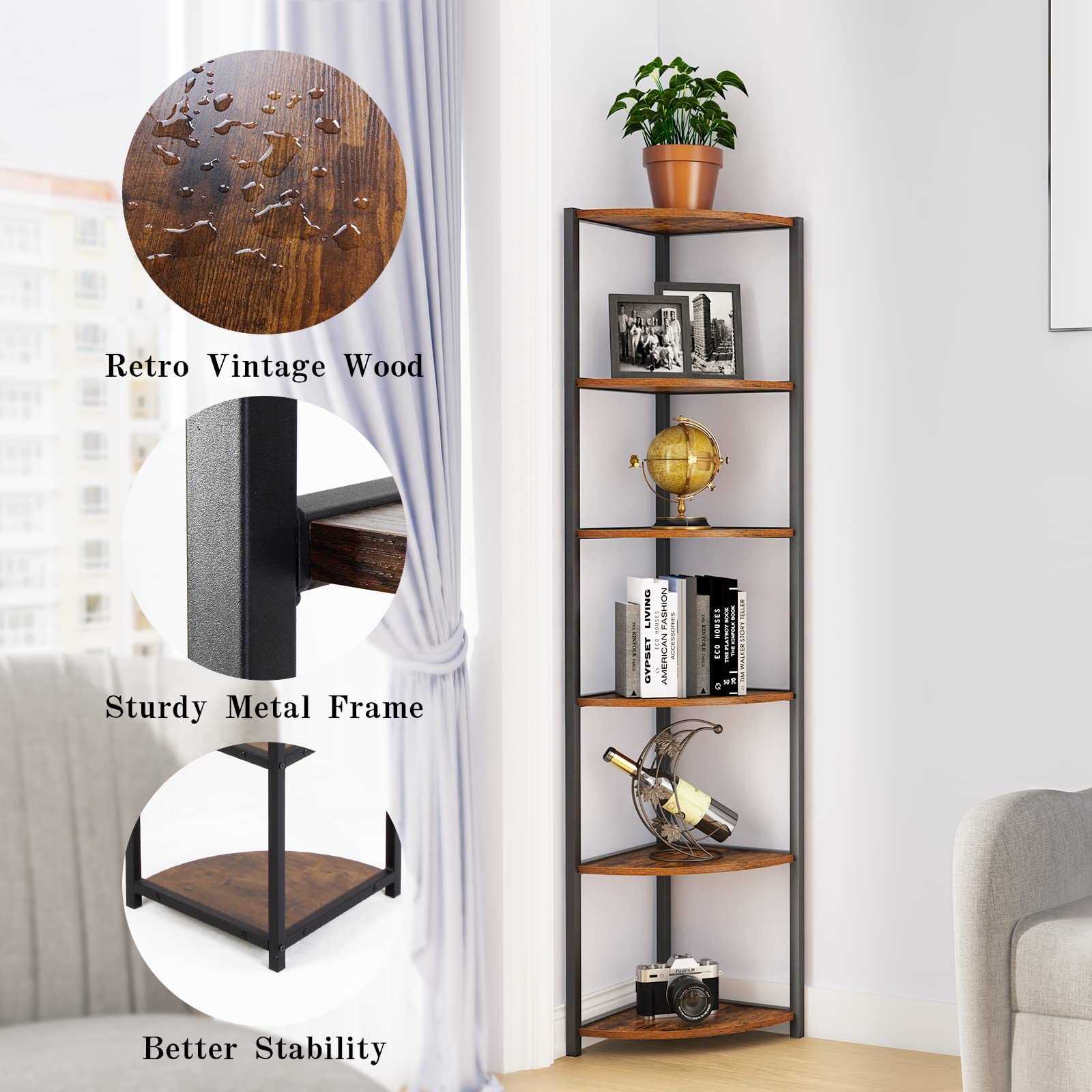 SogesHome 6-Tier Corner Shelf, Industrial Wood Corner Bookcase, Corner Storage Bookshelf Rack Shelves Stand for Kitchen, Living-Room, Bedroom, Small Spaces