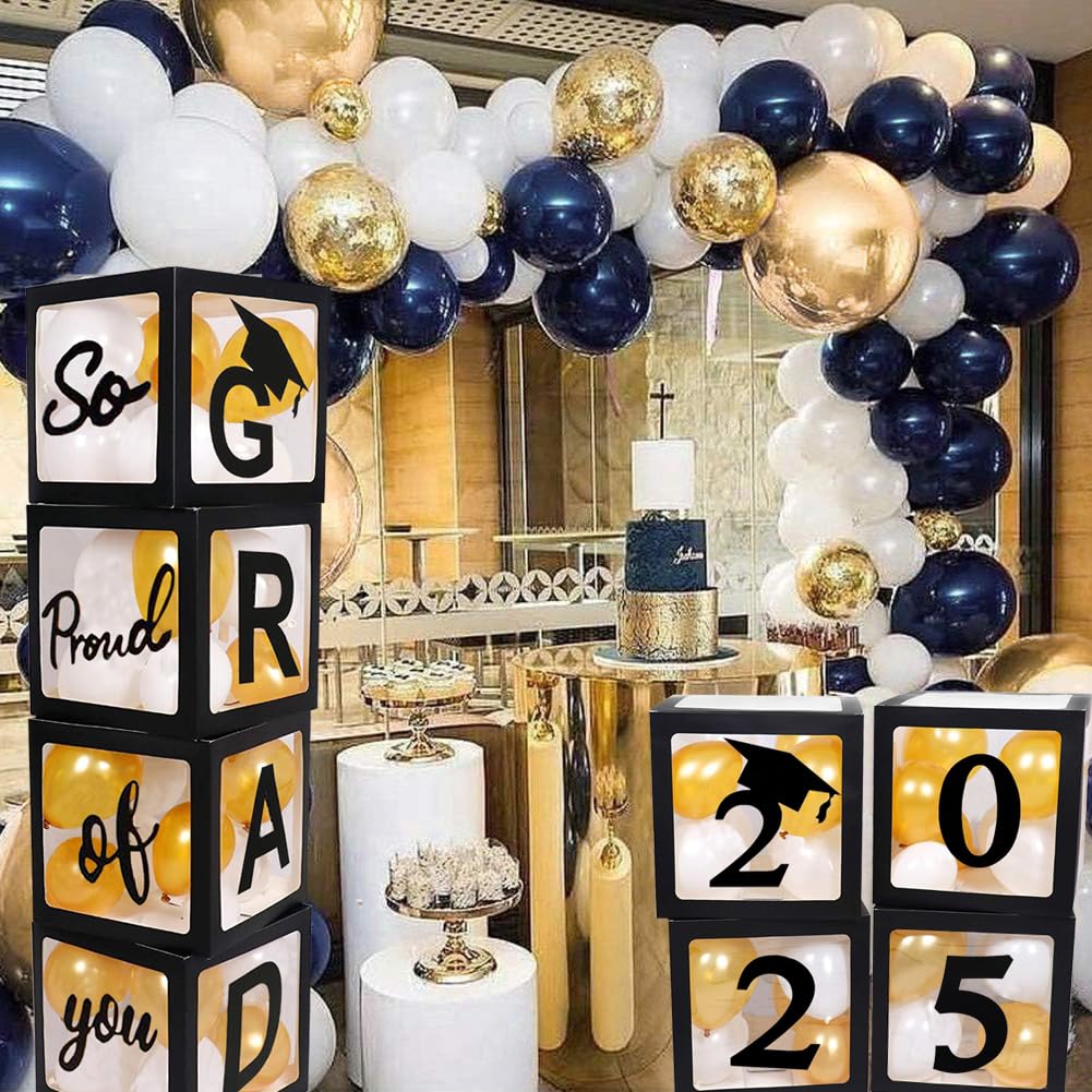 2024 2025 Graduation Party Decorations Graduate Balloon Boxes, 4 Pieces Black Balloon Boxes with Letters of GRAD, 2024/5 for Graduation Party Supplies, Class of 2024/5 School Grad Party Supplies