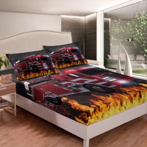 Erosebridal Firefighter Car Sheet Set Fire Truck Bed Sheets Queen Black Red Honeycomb Sheets for Teenagers Young Man Kids Boys Home Bedroom,Soft Cozy(1 Flat Sheet, 1 Fitted Sheet, 2 Pillowcases)