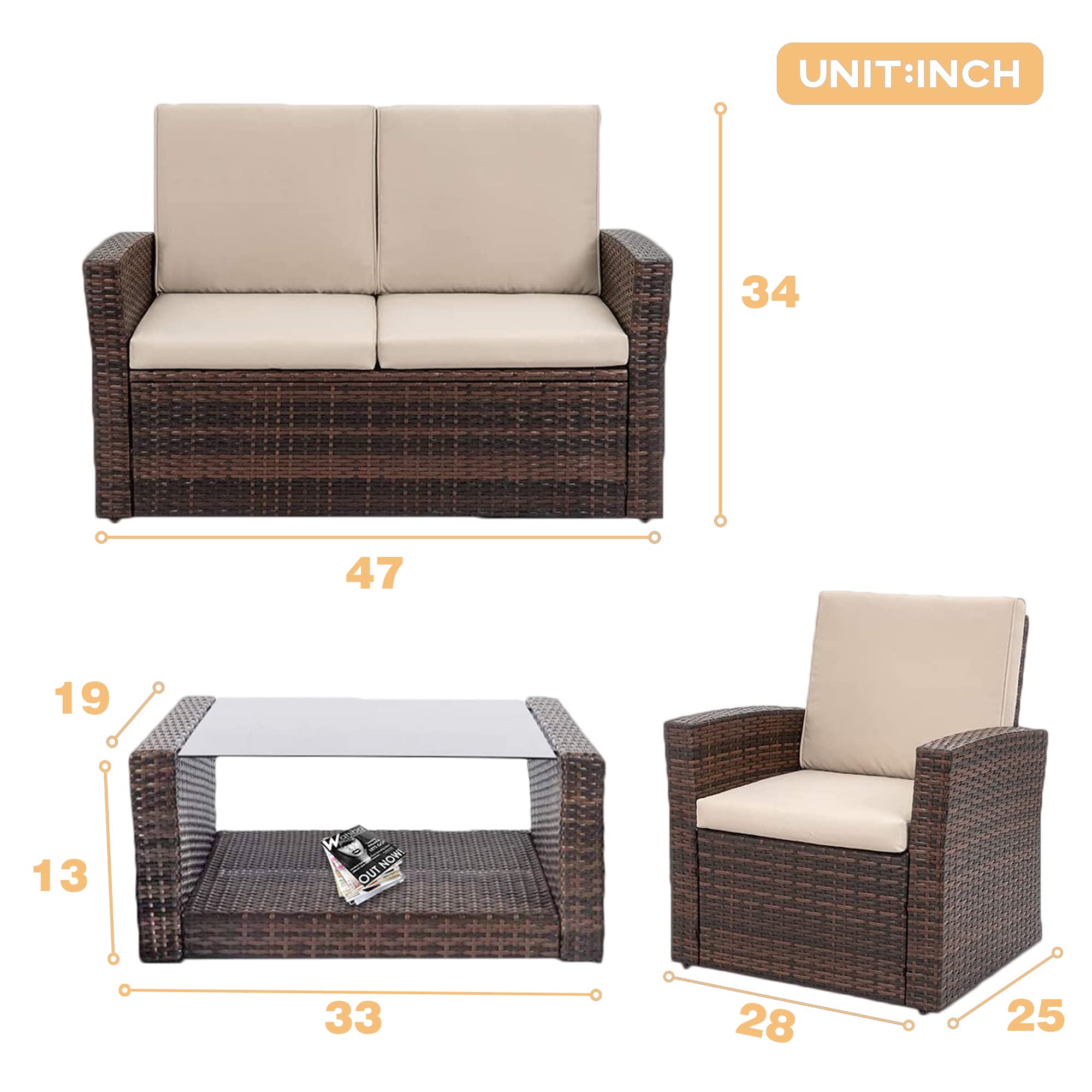 4 Pieces Patio Conversation Set, Outdoor PE Rattan Wicker Sofa Furniture Set with Soft Cushions and Glass Coffee Table for Backyard Lawn Garden Balcony Porch