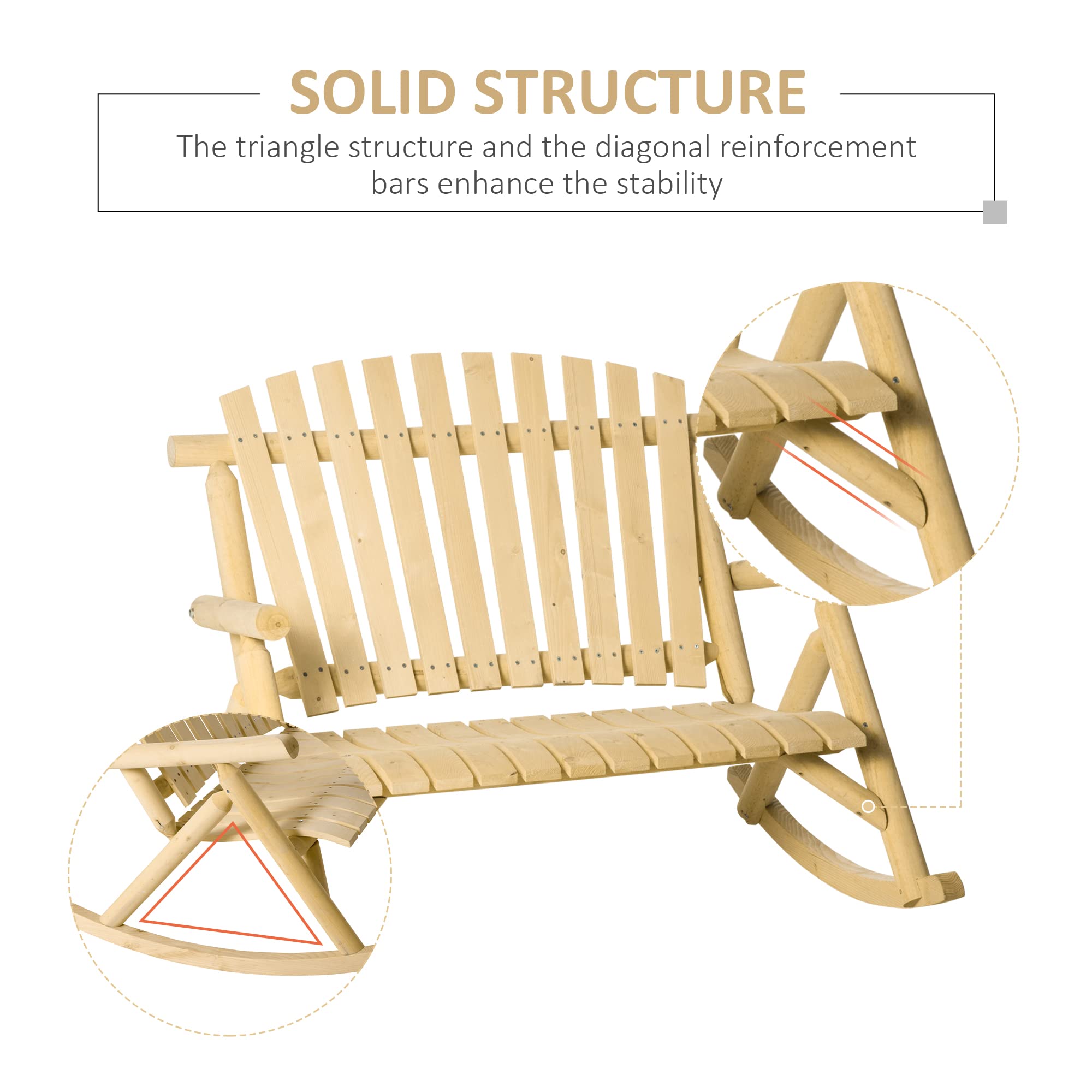 Outsunny Outdoor Wooden Rocking Chair, Double-Person Rustic Adirondack Rocker with Slatted Seat, High Backrest, Armrests for Patio, Garden and Porch, Natural