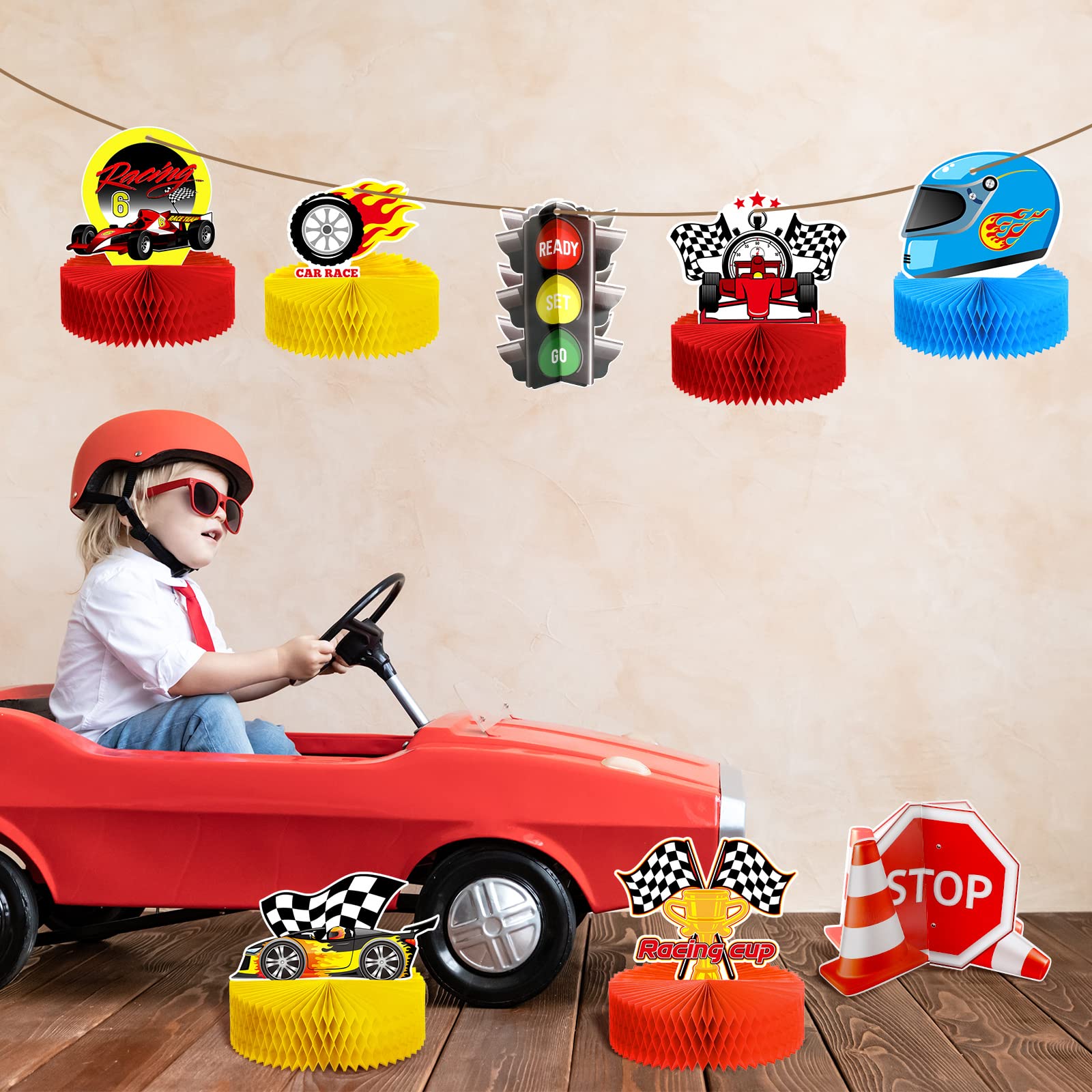 Zonon 9 Piece Race Car Party Decorations Race Car Honeycomb Centerpiece Let's Go Racing Theme Party Cake Ball Table Topper 3D Race Car Paper Centerpiece for Birthday Party Baby Shower Supplies