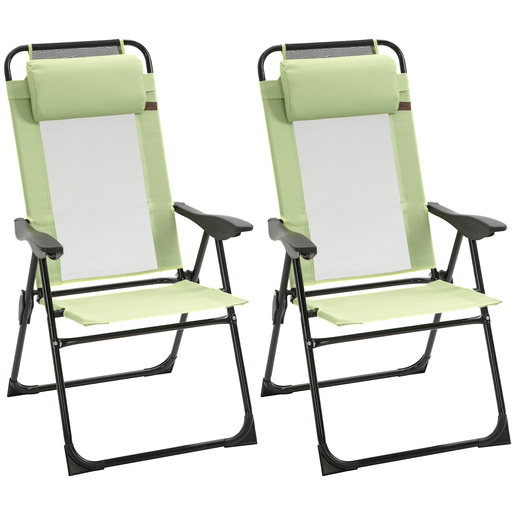 Outsunny Folding Patio Chairs Set of 2, Outdoor Deck Chair with Adjustable Sling Back, Camping Chair with Removable Headrest for Garden, Backyard, Lawn, Green