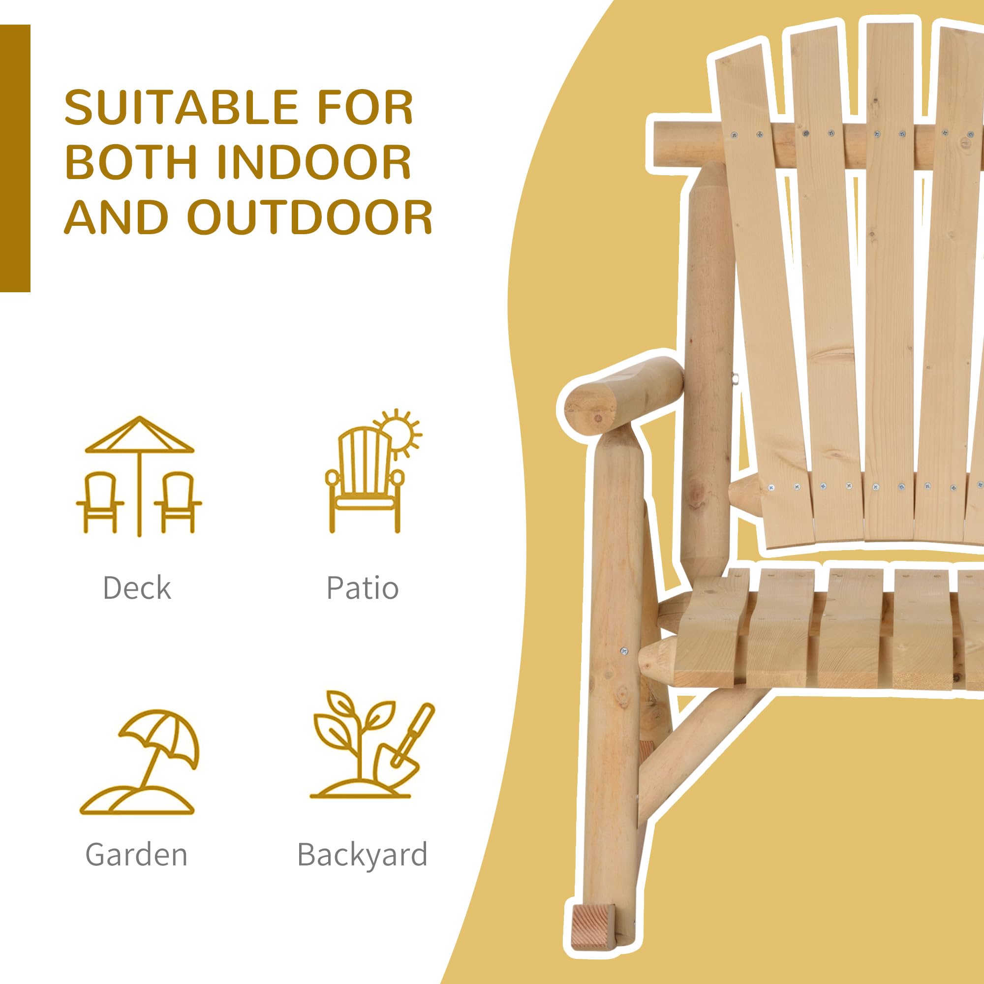 Outsunny Outdoor Wooden Rocking Chair, Single-Person Rustic Adirondack Rocker with Slatted Seat, High Backrest, Armrests for Patio, Garden and Porch, Natural