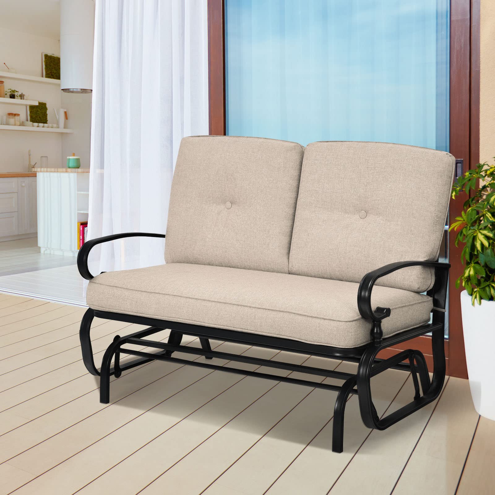 Giantex Outdoor Glider Bench, Patio Loveseat with Cushions, 440 Lbs Capacity, 2-Person Outdoor Rocking Chair, Porch Glider Swing for Garden, Backyard, Poolside, Patio Seating Rocker (Beige)