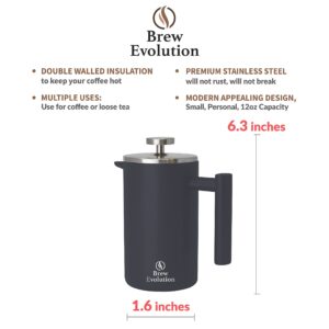 Brew Evolution 12 oz French Press | Stainless Steel Double-Walled Coffee Maker | Durable & Efficient Coffee & Tea Brewing | Gray Black