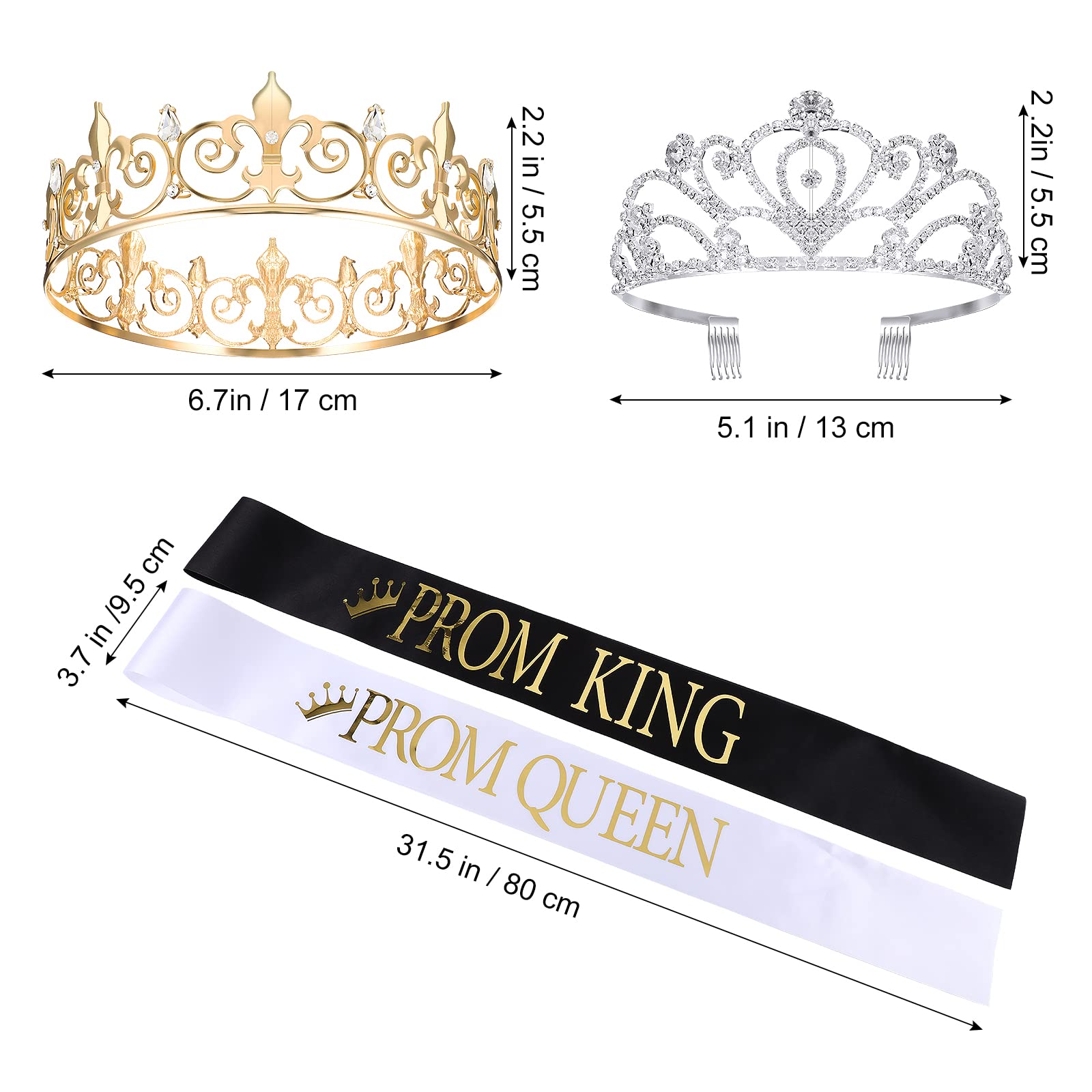 Saintrygo 4 Pcs Prom King and Prom Queen 80s Prom Party Favors Crowns Tiara Sash Shiny Satin Adults Cosplay 2024 Grad Crown Sash (Modern Style)