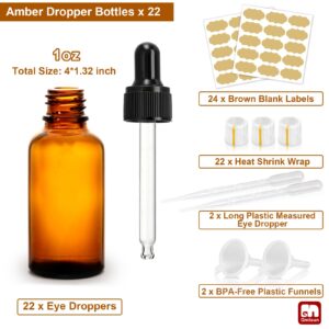 GMISUN Tincture Bottles with Dropper, 22 Pack 1 Oz Amber Glass Dropper Bottle with Eye Dropper, 1oz 30ml Empty Oil Dropper Bottle for Essential Oils, Tinctures, Medicine with Heat Shrink Wrap