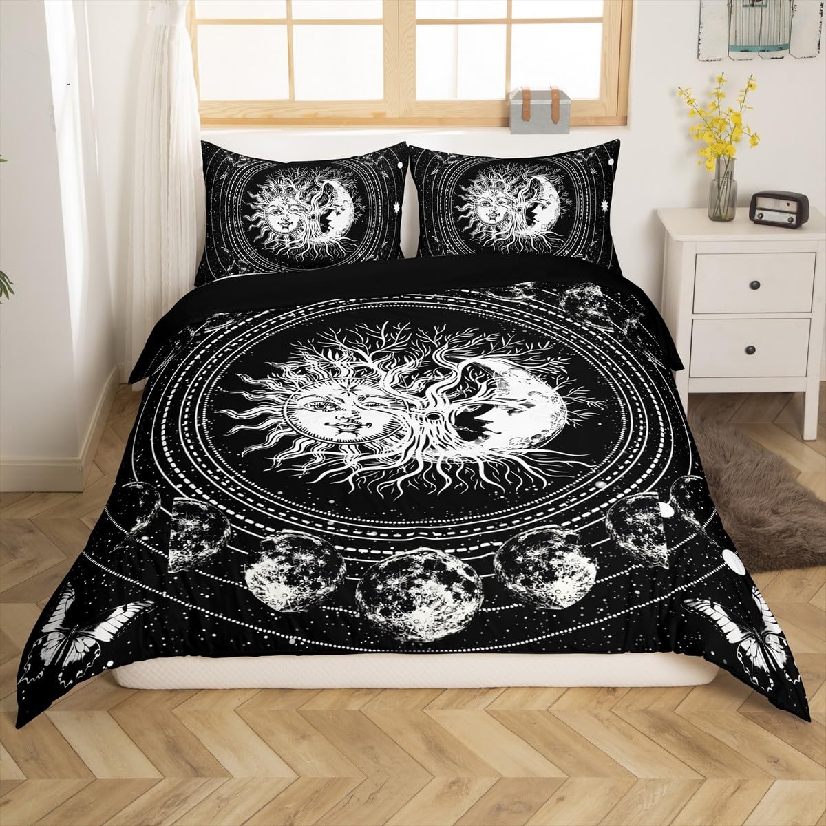 Erosebridal Tree of Life Comforter Cover,Sun and Moon Duvet Cover,Black and White Moon Phase Bedspread Set Breathable Soft,Mandala Butterfly Galaxy Astrology Bed Cover Full with 2 Pillow Shams