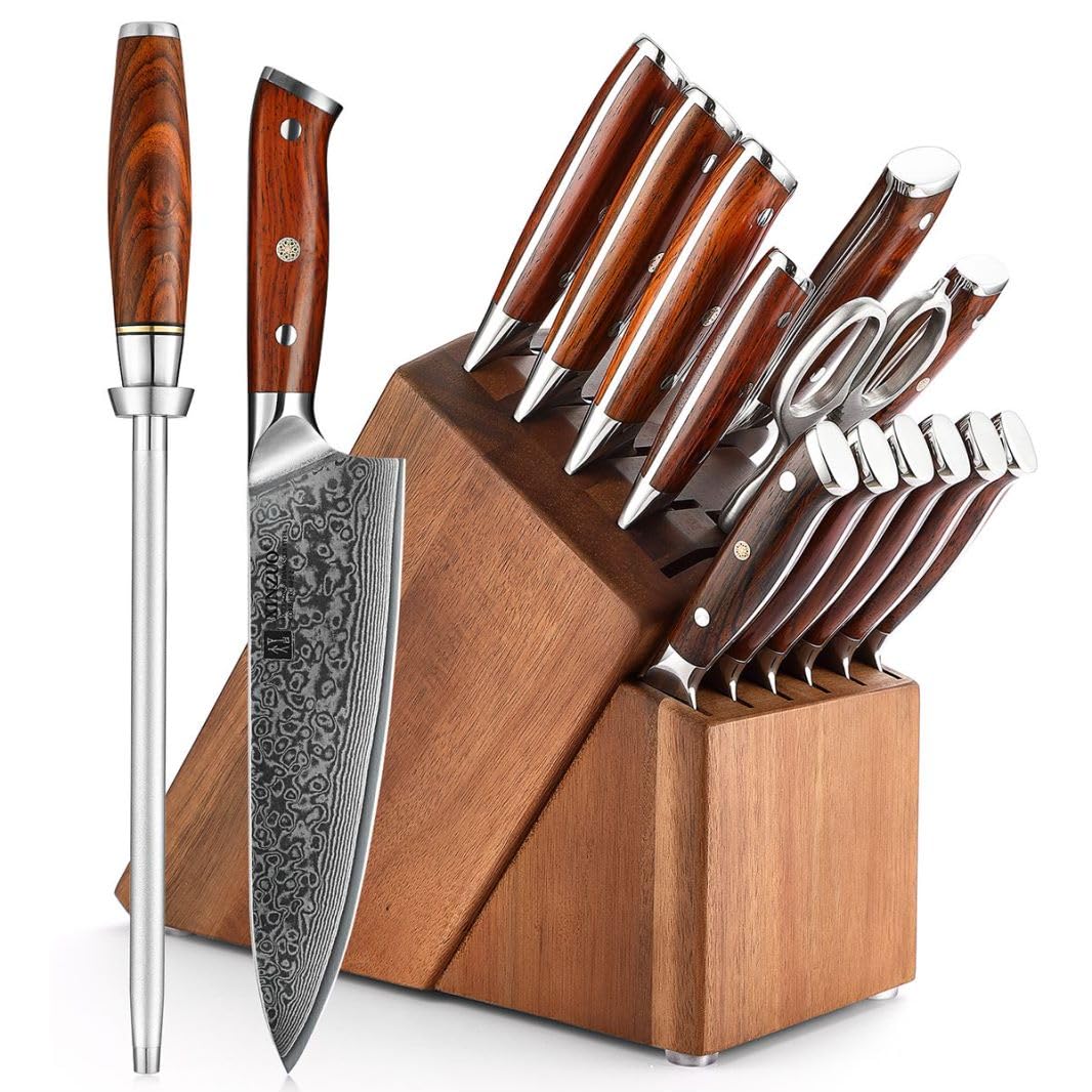 XINZUO Damascus 15-pc Kitchen Knife Set with Acacia Wood Knife Block, 67 Layers Damascus Steel Sharp Professional Cooking Knife Set -Multifunctional Kitchen Shears and Honing Steel -Rosewood Handle