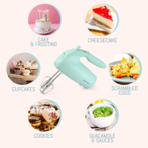 Elite Gourmet EHM003M Maxi-Matic Ultra Power Electric 5-Speed Kitchen Hand Mixer with 2 Extra Wide Stainless Steel Smooth Creamy Whipped Mixtures Plus Convenient, Beater Storage, Mint Blue