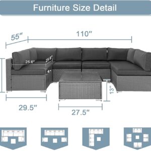 Incbruce 7-Piece Outdoor Furniture Sofa Set, All-Weather Gray Wicker Sectional Couch, Patio Conversation Sets with Glass Coffee Table and Washable Cushions (Grey)