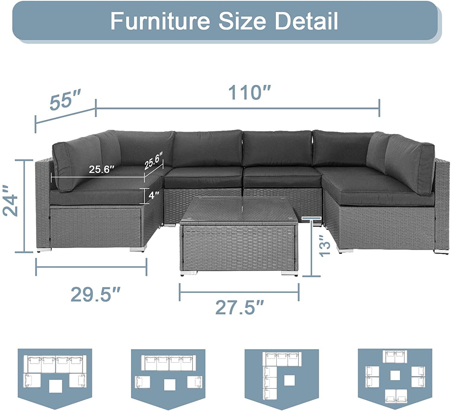 Incbruce 7-Piece Outdoor Furniture Sofa Set, All-Weather Gray Wicker Sectional Couch, Patio Conversation Sets with Glass Coffee Table and Washable Cushions (Grey)