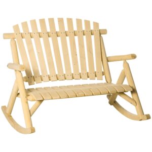 outsunny outdoor wooden rocking chair, double-person rustic adirondack rocker with slatted seat, high backrest, armrests for patio, garden and porch, natural