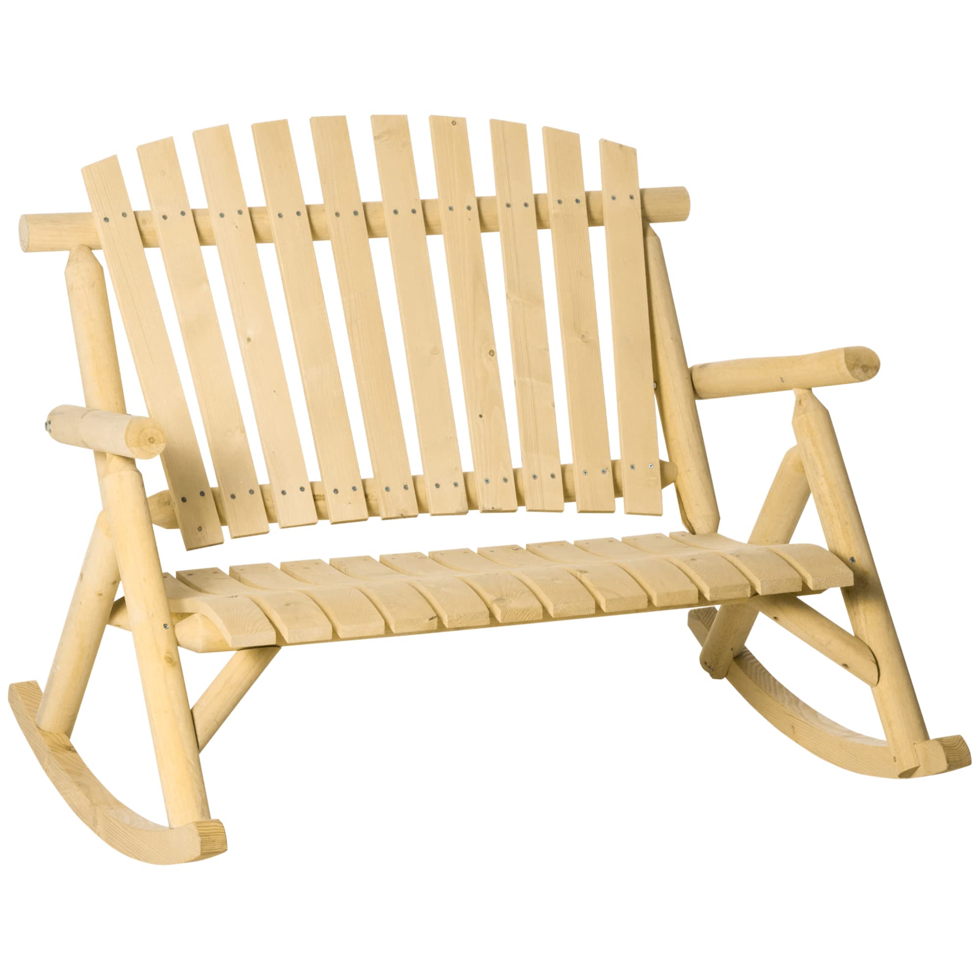 Outsunny Outdoor Wooden Rocking Chair, Double-Person Rustic Adirondack Rocker with Slatted Seat, High Backrest, Armrests for Patio, Garden and Porch, Natural