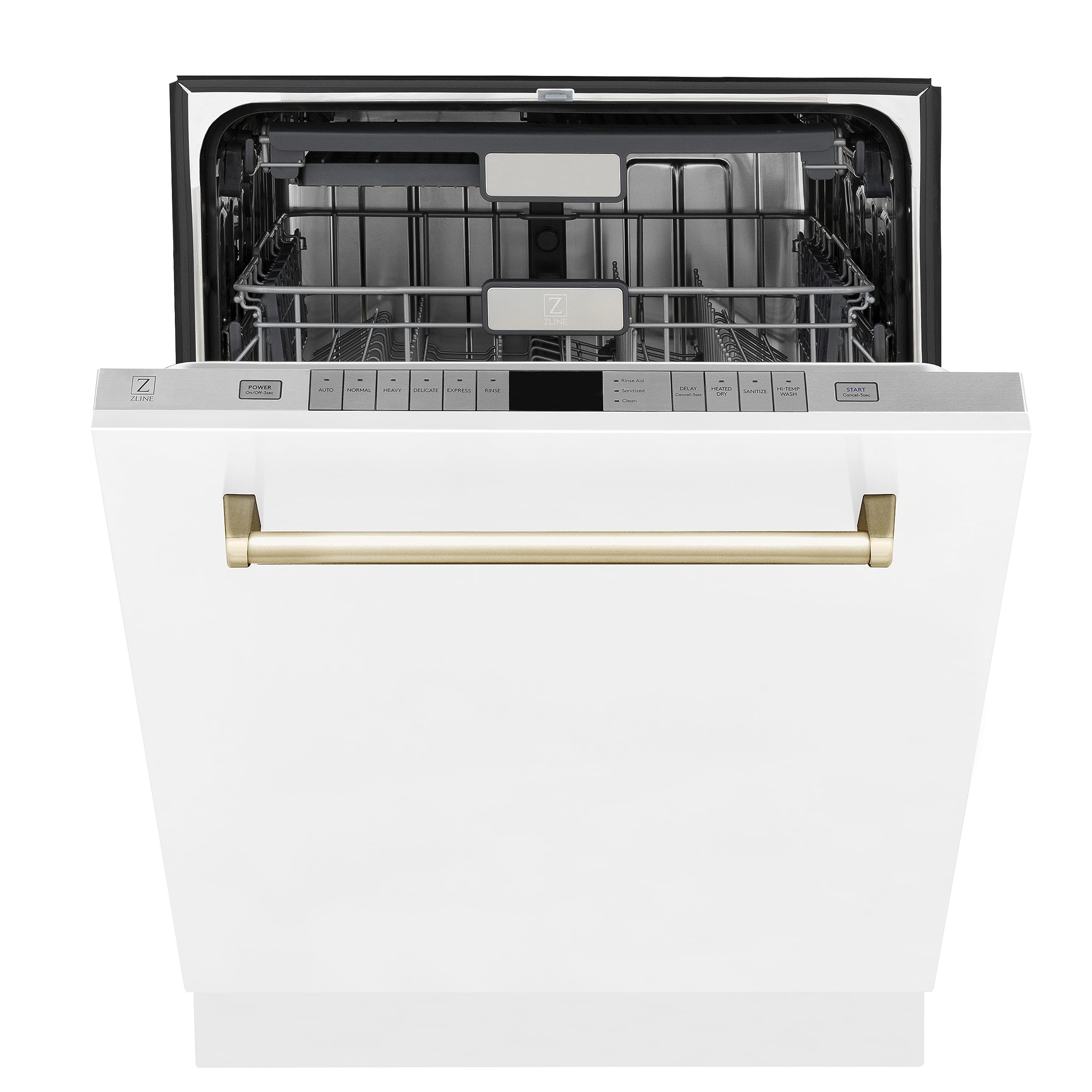 ZLINE Autograph Edition 24" 3rd Rack Top Touch Control Tall Tub Dishwasher in White Matte with Gold Handle, 51dBa (DWMTZ-WM-24-G)