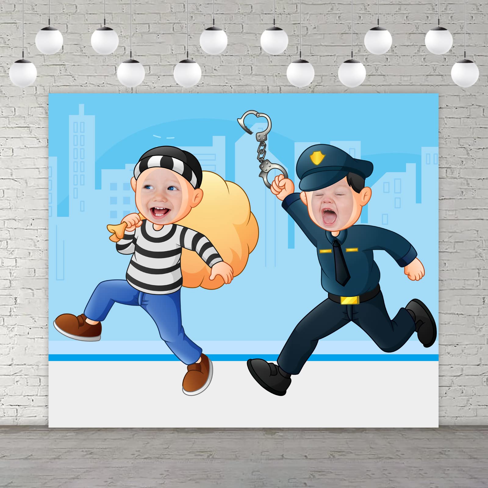 Policeman and Thieves Banner Backdrop Background Pretend Play Party Game Photo Booth Props Cops and Thieves Theme Decor Graduation 1st Birthday Party Baby Shower Favors Supplies Decorations, Multi