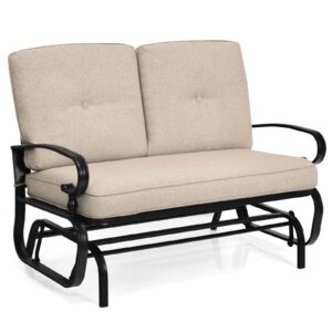 giantex outdoor glider bench, patio loveseat with cushions, 440 lbs capacity, 2-person outdoor rocking chair, porch glider swing for garden, backyard, poolside, patio seating rocker (beige)