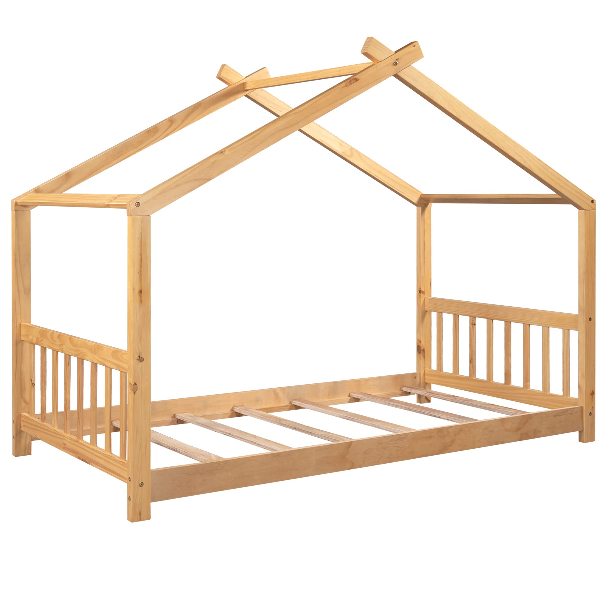 Harper & Bright Designs House Bed for Kids, Wood House Twin Platform Bed with Headboard and Footboard, Toddler House Twin Bed Frame Montessori Crib. No Box Spring Needed (Twin, Natural)