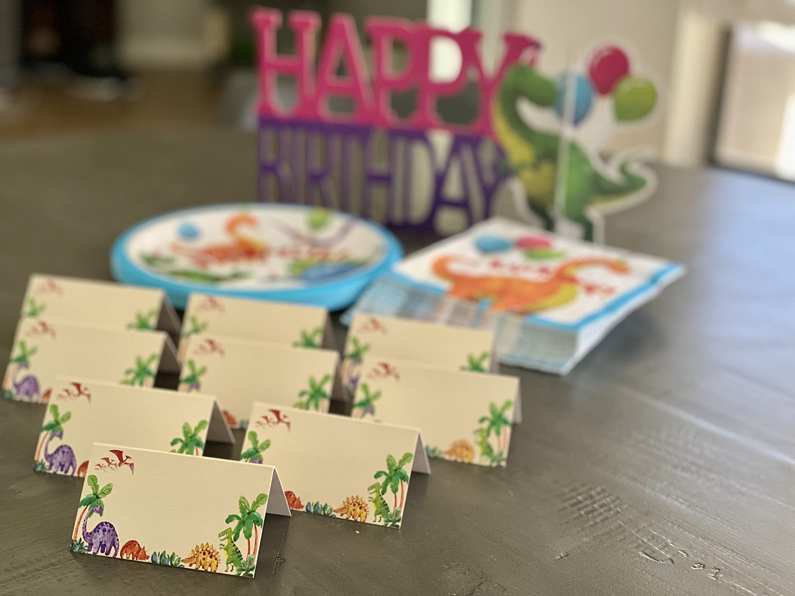 Dinosaur Place Cards - 25 Pack - Dinosaur Themed Card Labels for Food. Name Cards for Kids Birthday Parties, Jungle Theme Parties, Sleepover Parties, Cocktail Parties, and Buffets. 2” x 3.5” Folded.