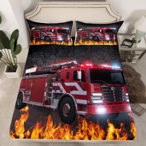 Erosebridal Firefighter Car Sheet Set Fire Truck Bed Sheets Queen Black Red Honeycomb Sheets for Teenagers Young Man Kids Boys Home Bedroom,Soft Cozy(1 Flat Sheet, 1 Fitted Sheet, 2 Pillowcases)